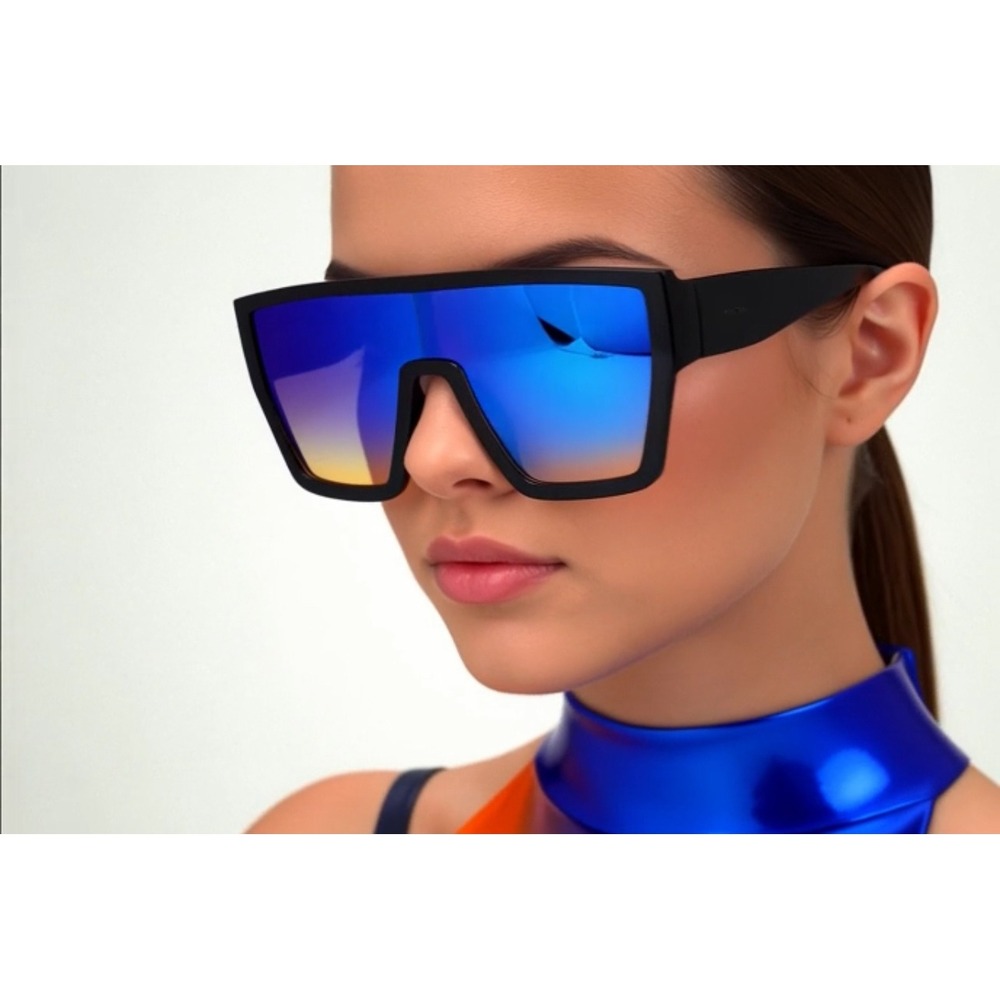 Ladys Shield Sunglasses Women Blue Mirror Lens Black Frame Music Festival Wear